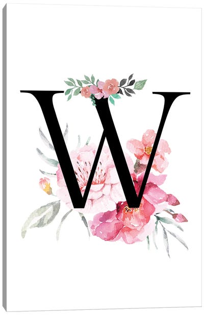 'W' Initial Monogram With Watercolor Flowers Canvas Art Print - Letter W