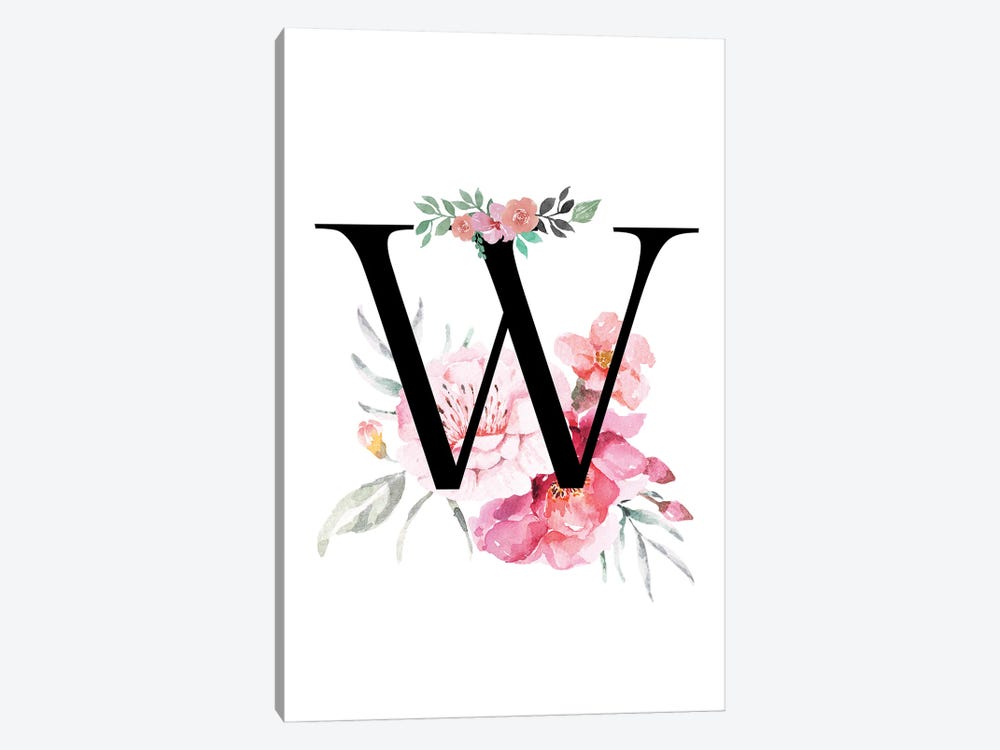 'W' Initial Monogram With Watercolor Flowers by Page Turner 1-piece Canvas Wall Art
