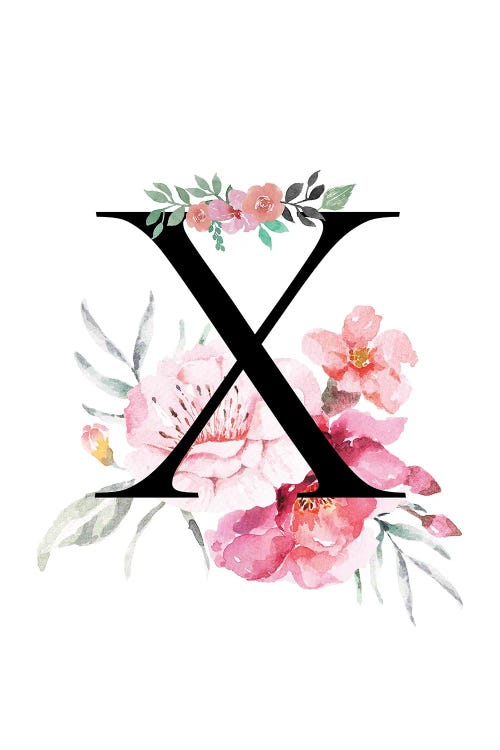 'X' Initial Monogram With Watercolor Flowers