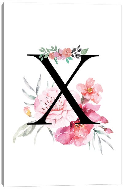 'X' Initial Monogram With Watercolor Flowers Canvas Art Print - Letter X