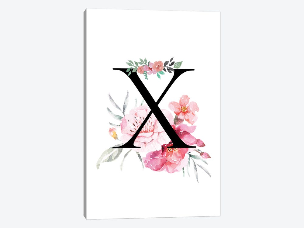 'X' Initial Monogram With Watercolor Flowers by Page Turner 1-piece Canvas Print