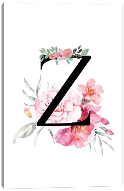 'Z' Initial Monogram With Watercolor Flowers Canvas Art Print - Letter Z