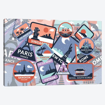 Vintage Travel Stickers Luggage Art Canvas Print #DHV290} by Page Turner Canvas Wall Art