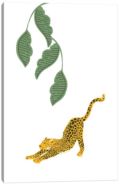 Vintage Leopard Stretching Under Jungle Leaves Canvas Art Print - Design Harvest