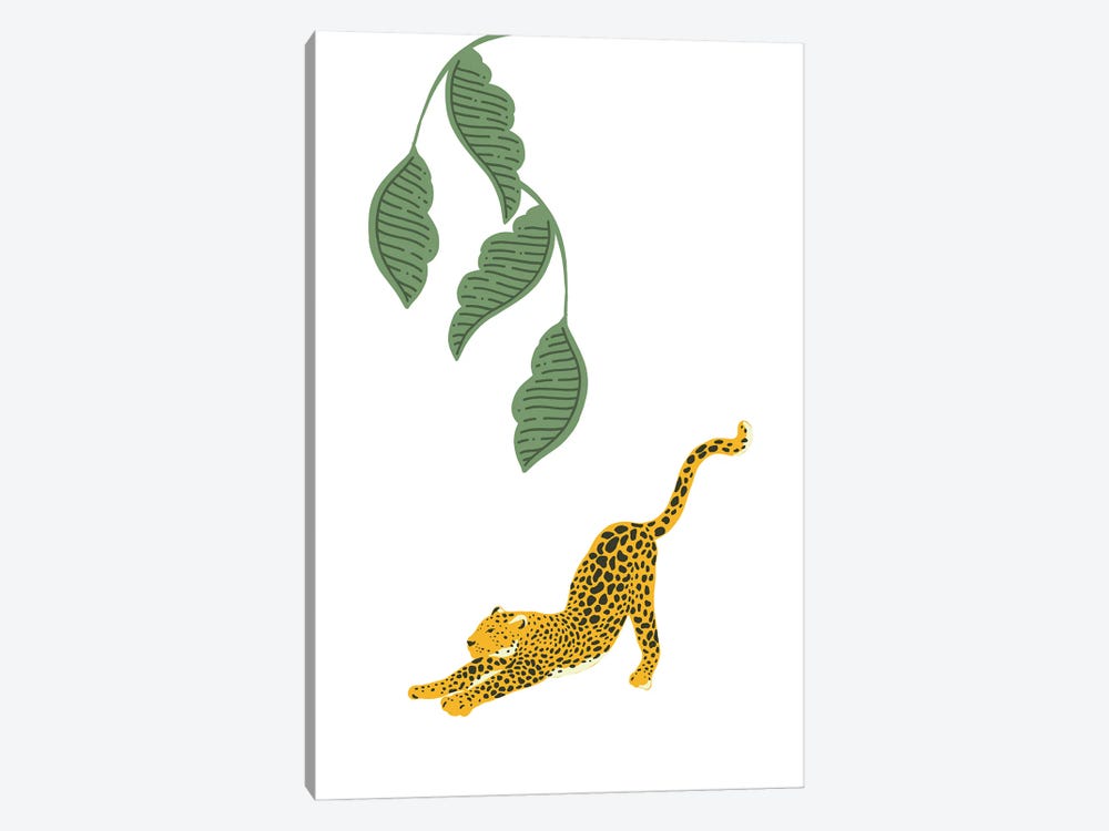 Vintage Leopard Stretching Under Jungle Leaves by Page Turner 1-piece Canvas Print