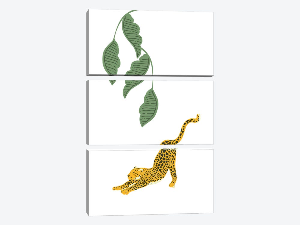 Vintage Leopard Stretching Under Jungle Leaves by Page Turner 3-piece Art Print