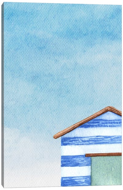 Boathouse On The Beach Blue And White Canvas Art Print - Blue & White Art