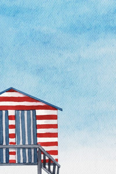 Boathouse On The Beach Red And Blue Stripes by Page Turner acrylic art print