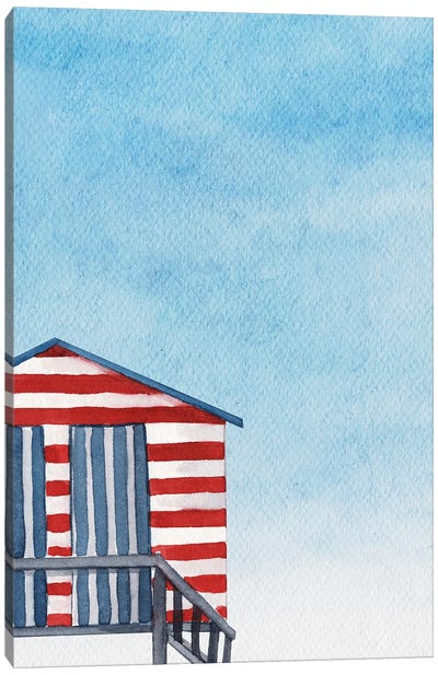Boathouse On The Beach Red And Blue Stripes Canvas Art Print - Page Turner