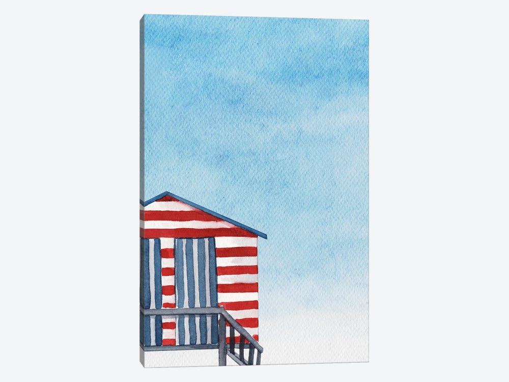 Boathouse On The Beach Red And Blue Stripes by Page Turner 1-piece Canvas Artwork