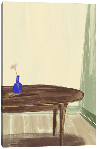 In A Room With Blue Bottle And Table Canvas Art Print - Design Harvest