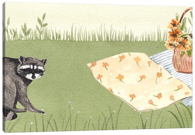 Funny Animals - Raccoon Vs Picnic Canvas Art Print - Celery