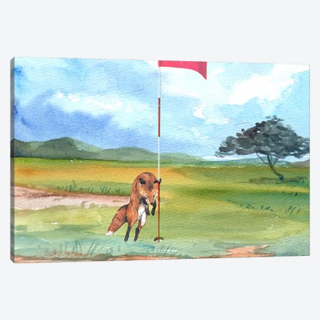 Funny Animals - Fox Vs Golf Hole Canvas Print #DHV368} by Page Turner Canvas Wall Art