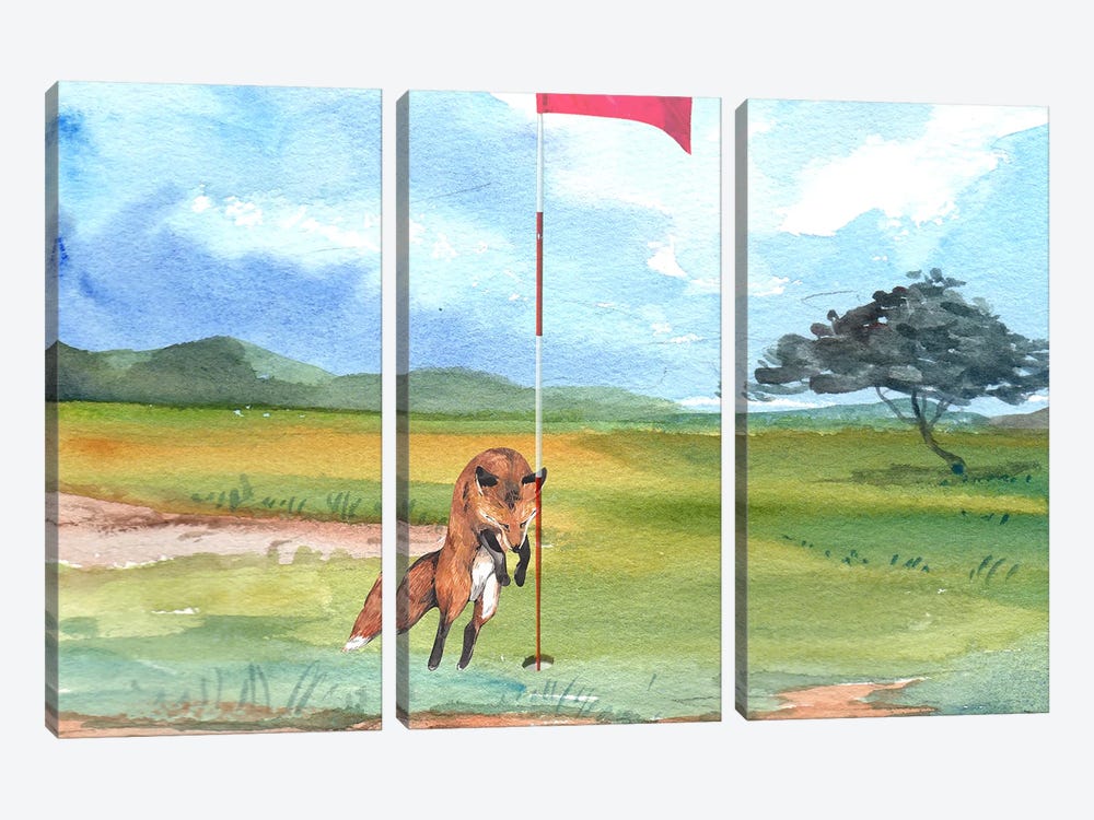 Funny Animals - Fox Vs Golf Hole by Page Turner 3-piece Art Print