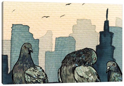 Pigeons In The City Canvas Art Print - Dove & Pigeon Art
