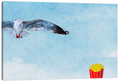 Funny Animals - Seagull Vs Chips Canvas Art Print - American Cuisine Art
