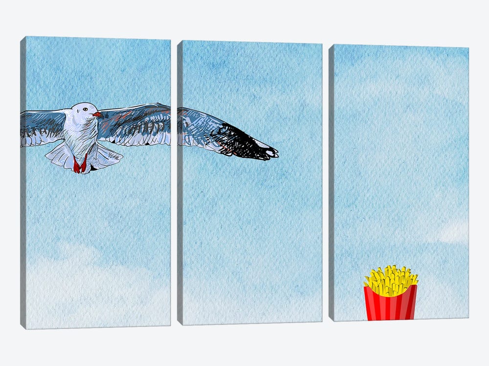 Funny Animals - Seagull Vs Chips by Page Turner 3-piece Canvas Print