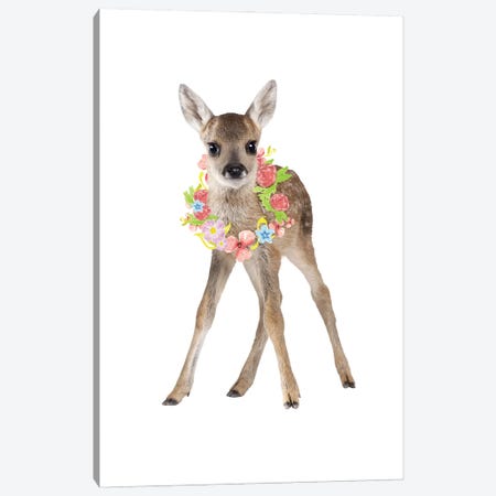 Fawn Deer Photography With Watercolour Flower Wreath Canvas Print #DHV58} by Page Turner Canvas Art Print