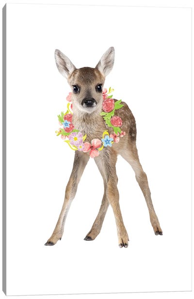 Fawn Deer Photography With Watercolour Flower Wreath Canvas Art Print - Page Turner