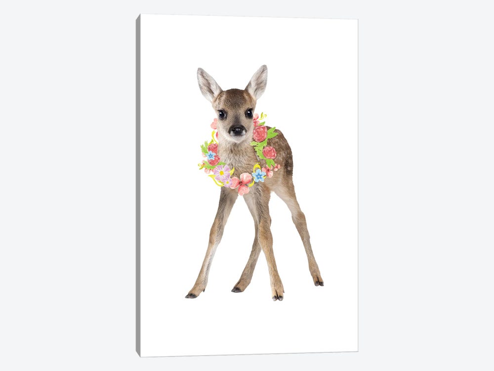 Fawn Deer Photography With Watercolour Flower Wreath by Page Turner 1-piece Canvas Artwork