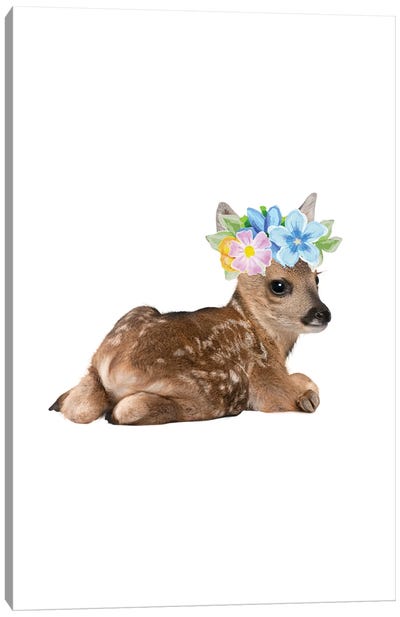 Fawn Deer Photography With Watercolour Flower Crown Canvas Art Print - Page Turner