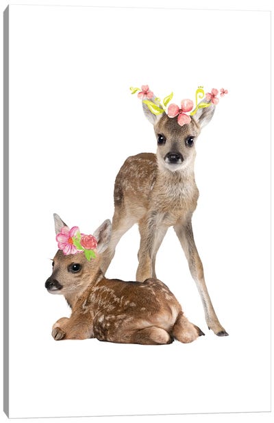 Fawn Deers Photography With Watercolour Flower Crowns Canvas Art Print - Page Turner