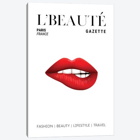 L'Beaute Beauty Magazine Cover With Red Lipstick On Bitten Lips Canvas Print #DHV62} by Page Turner Canvas Artwork