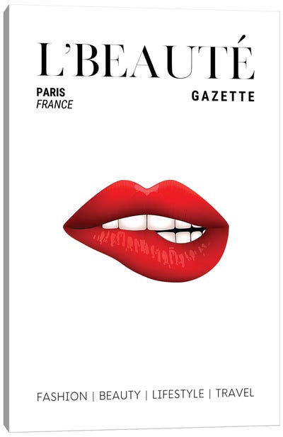 L'Beaute Beauty Magazine Cover With Red Lipstick On Bitten Lips Canvas Art Print - Design Harvest