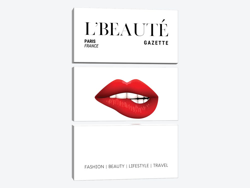 L'Beaute Beauty Magazine Cover With Red Lipstick On Bitten Lips by Page Turner 3-piece Canvas Print