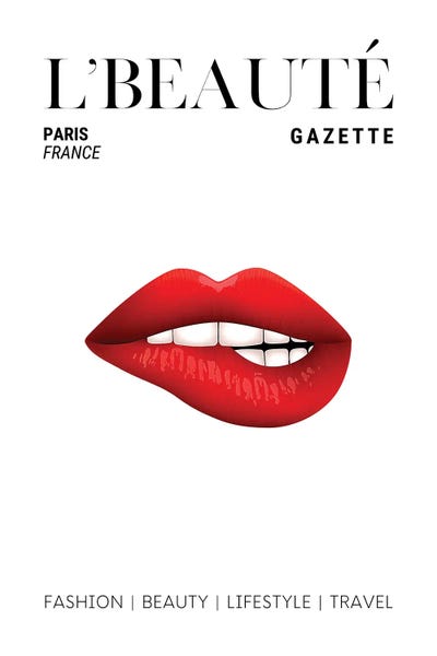 Paris Typography: L'Beaute Beauty Magazine Cover With Red Lipstick On Bitten Lips by Page Turner