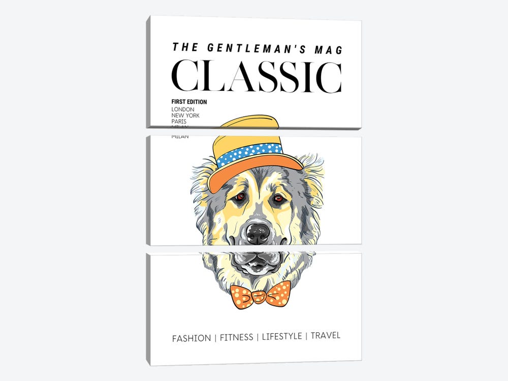 The Classic Gentleman'S Magazine Cover With Dressed Up Dog In Hat And Bowtie by Page Turner 3-piece Canvas Print