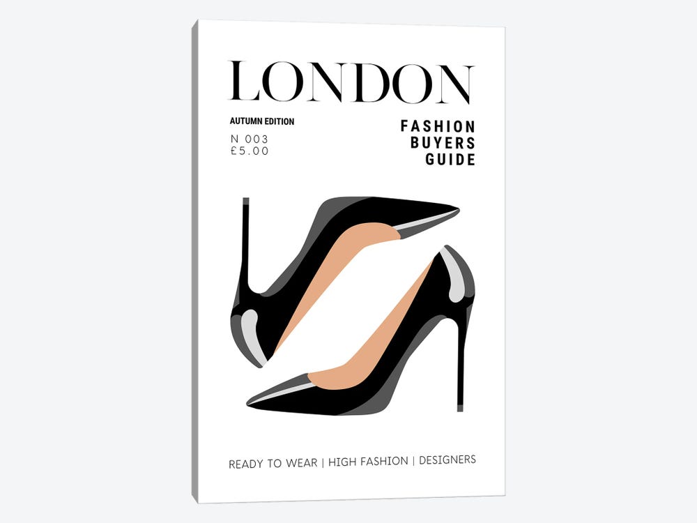 London Fashion Guide Magazine Cover With Patent Black High Heel Stilettos by Page Turner 1-piece Canvas Art Print
