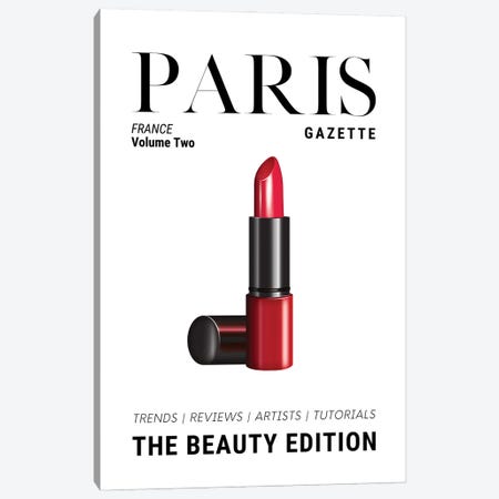 Paris Gazette Beauty Magazine Cover With Classic Red Lipstick Canvas Print #DHV72} by Design Harvest Canvas Art Print