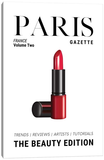 Paris Gazette Beauty Magazine Cover With Classic Red Lipstick Canvas Art Print - Paris Typography