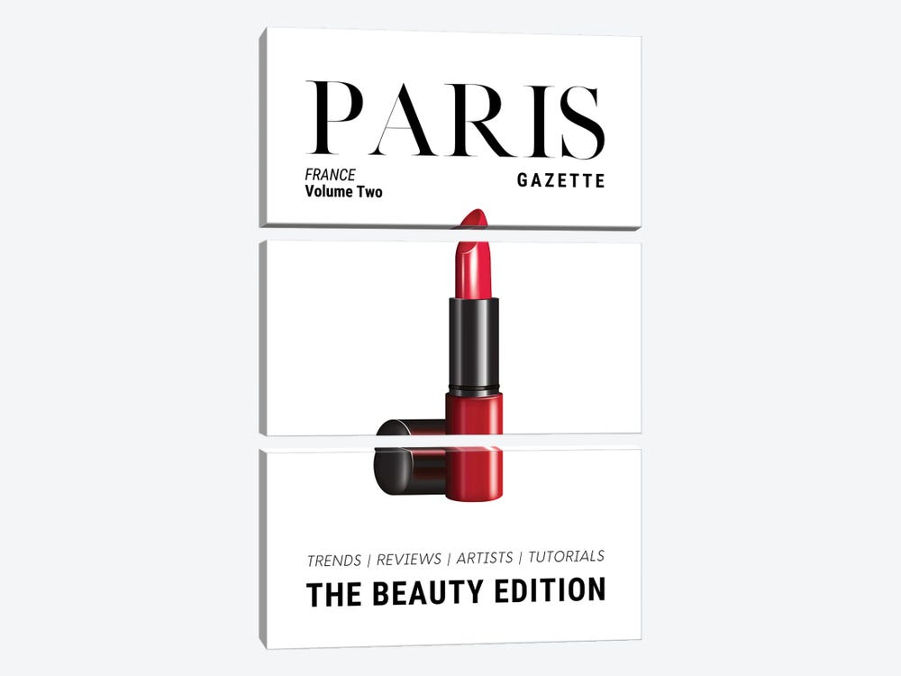 Paris Gazette Beauty Magazine Cover With Classic Red Lipstick by Page Turner 3-piece Canvas Art