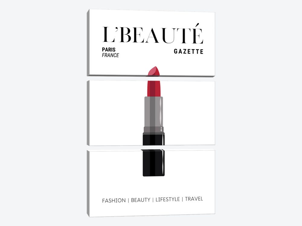 L'Beaute Gazette Makeup Magazine Cover With Classic Red Lipstick by Page Turner 3-piece Canvas Print