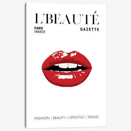 L'Beaute Gazette Beauty Magazine Cover With Classic Glossy Red Lips Canvas Print #DHV74} by Design Harvest Canvas Wall Art