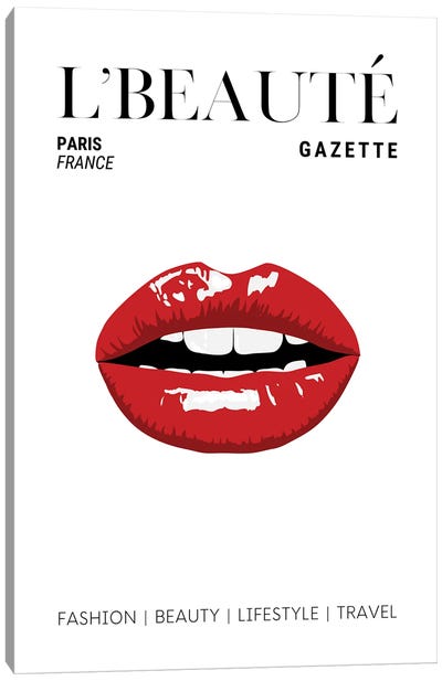 L'Beaute Gazette Beauty Magazine Cover With Classic Glossy Red Lips Canvas Art Print - Paris Typography