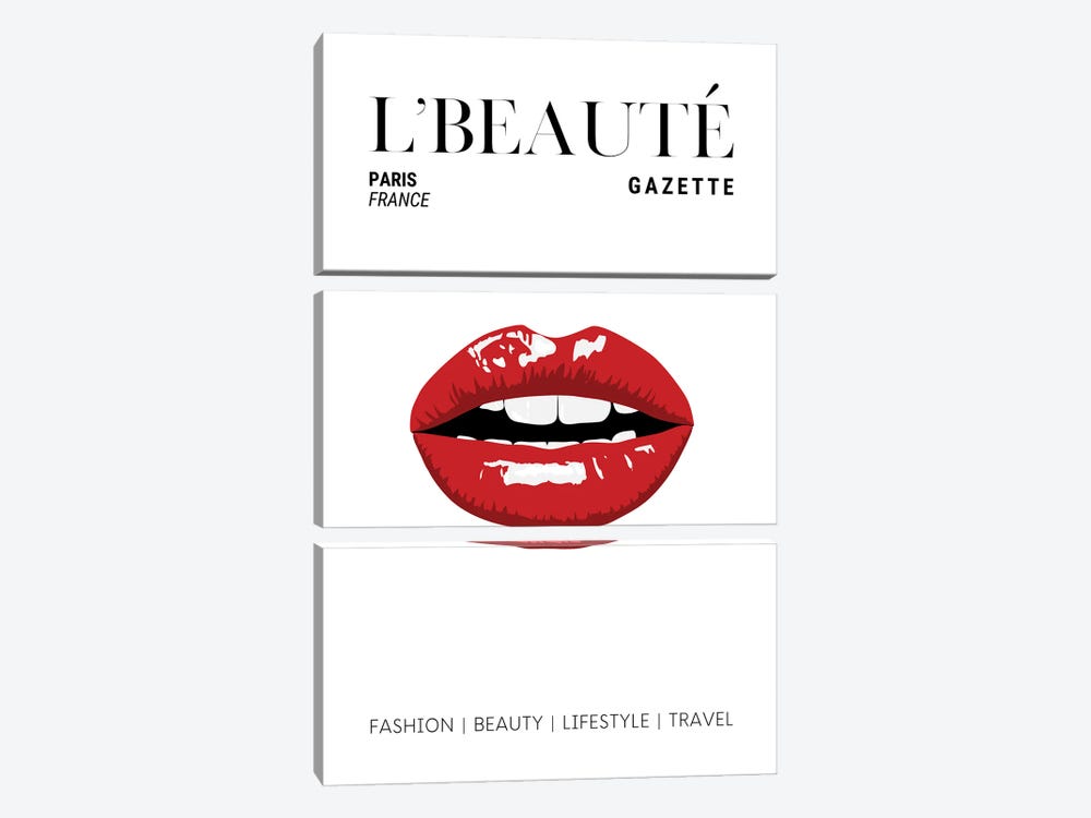 L'Beaute Gazette Beauty Magazine Cover With Classic Glossy Red Lips by Page Turner 3-piece Canvas Artwork