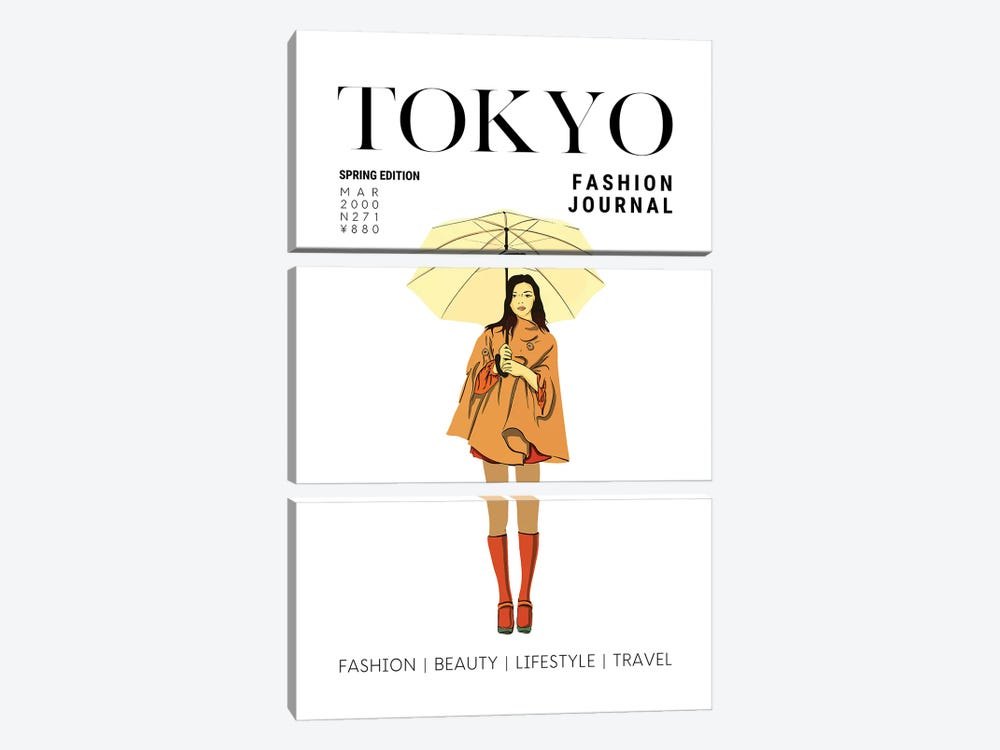 Tokyo Japanese Fashion Magazine Cover With Girl Holding Umbrella by Page Turner 3-piece Canvas Print