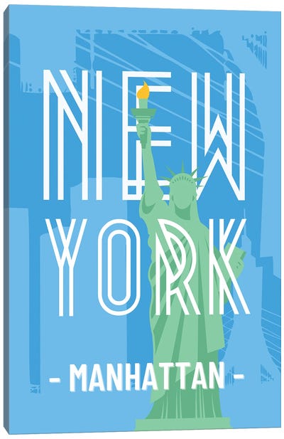 New York And Manhattan With Interlaced Statue Of Liberty Canvas Art Print - New York City Travel Posters