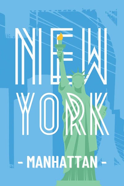 New York City Travel Posters: New York And Manhattan With Interlaced Statue Of Liberty by Page Turner