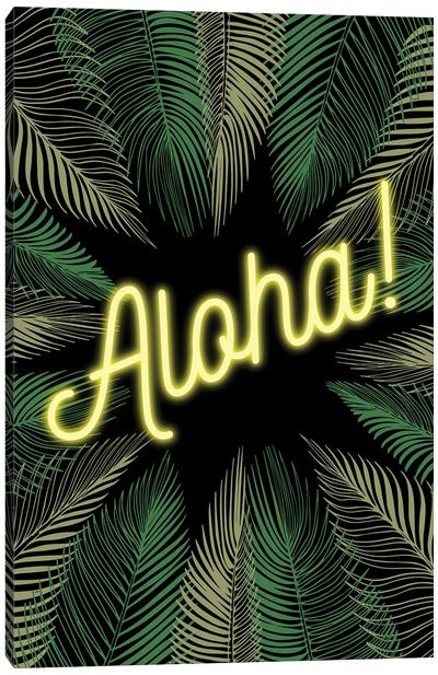 Neon Aloha! Hawaiian Design With Palm Trees Canvas Art Print - Neon Typography