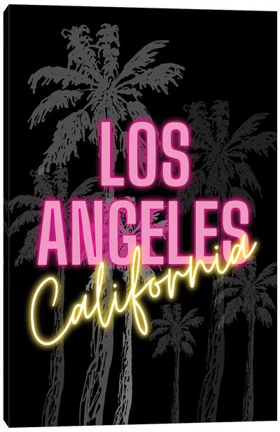 Neon Los Angeles California Design On Palm Tree Background Canvas Art Print - Los Angeles Art