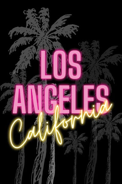 Los Angeles: Neon Los Angeles California Design On Palm Tree Background by Page Turner