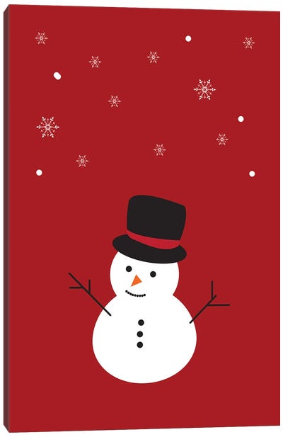 Red Christmas Snowman And Snowflakes Canvas Art Print - Snowman Art