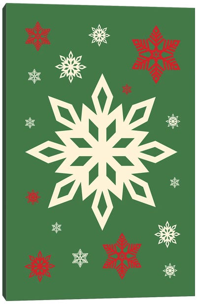 Natural Christmas With Snowflakes On Green Background Canvas Art Print - Page Turner