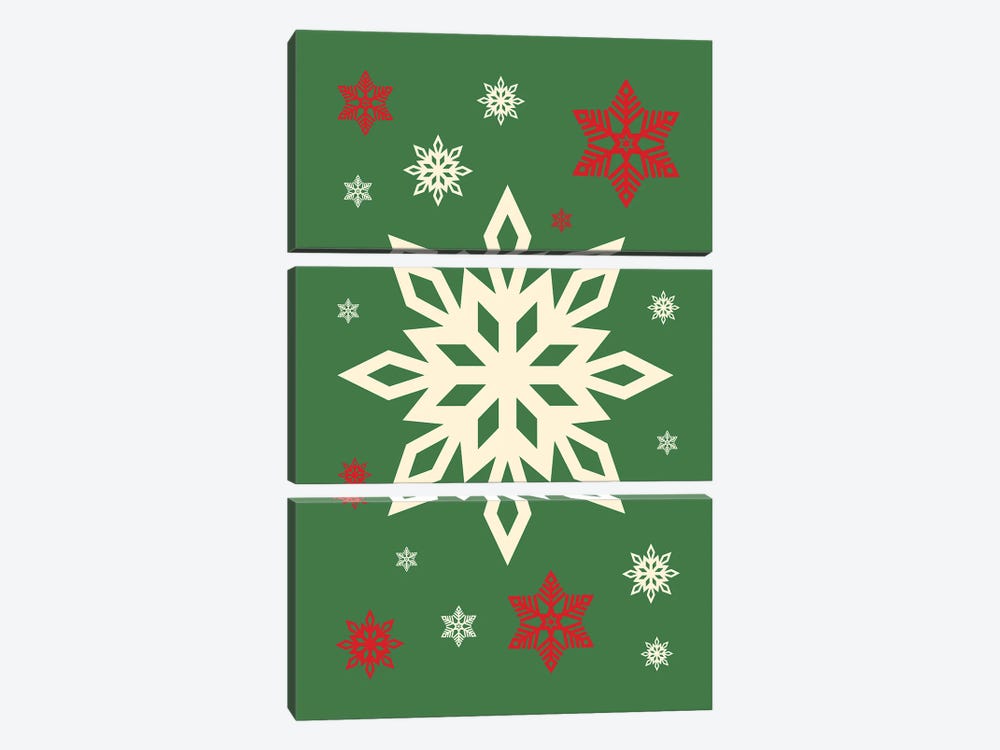 Natural Christmas With Snowflakes On Green Background by Page Turner 3-piece Canvas Wall Art