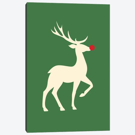 Natural Christmas - Rudolph The Red Nosed Reindeer On Green Background Canvas Print #DHV96} by Design Harvest Canvas Wall Art