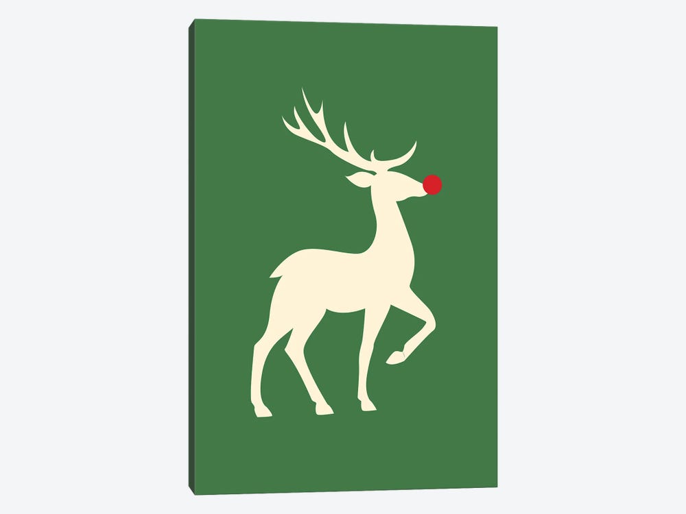Natural Christmas - Rudolph The Red Nosed Reindeer On Green Background by Page Turner 1-piece Canvas Artwork